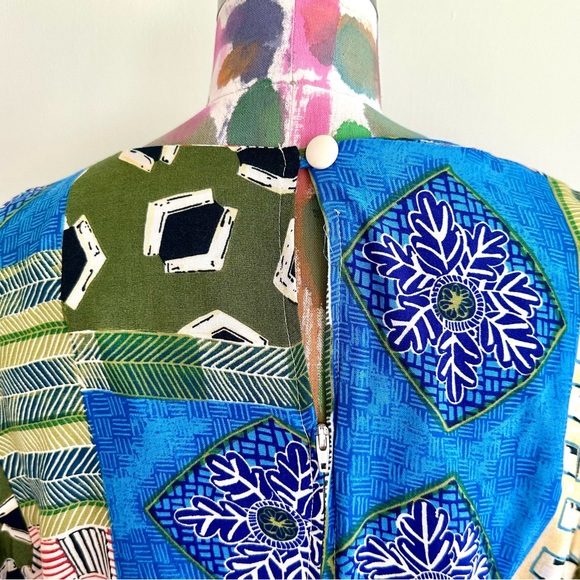 🌎VINTAGE Abstract Graphic Boho Print Blue Green Dress - Picture 6 of 8